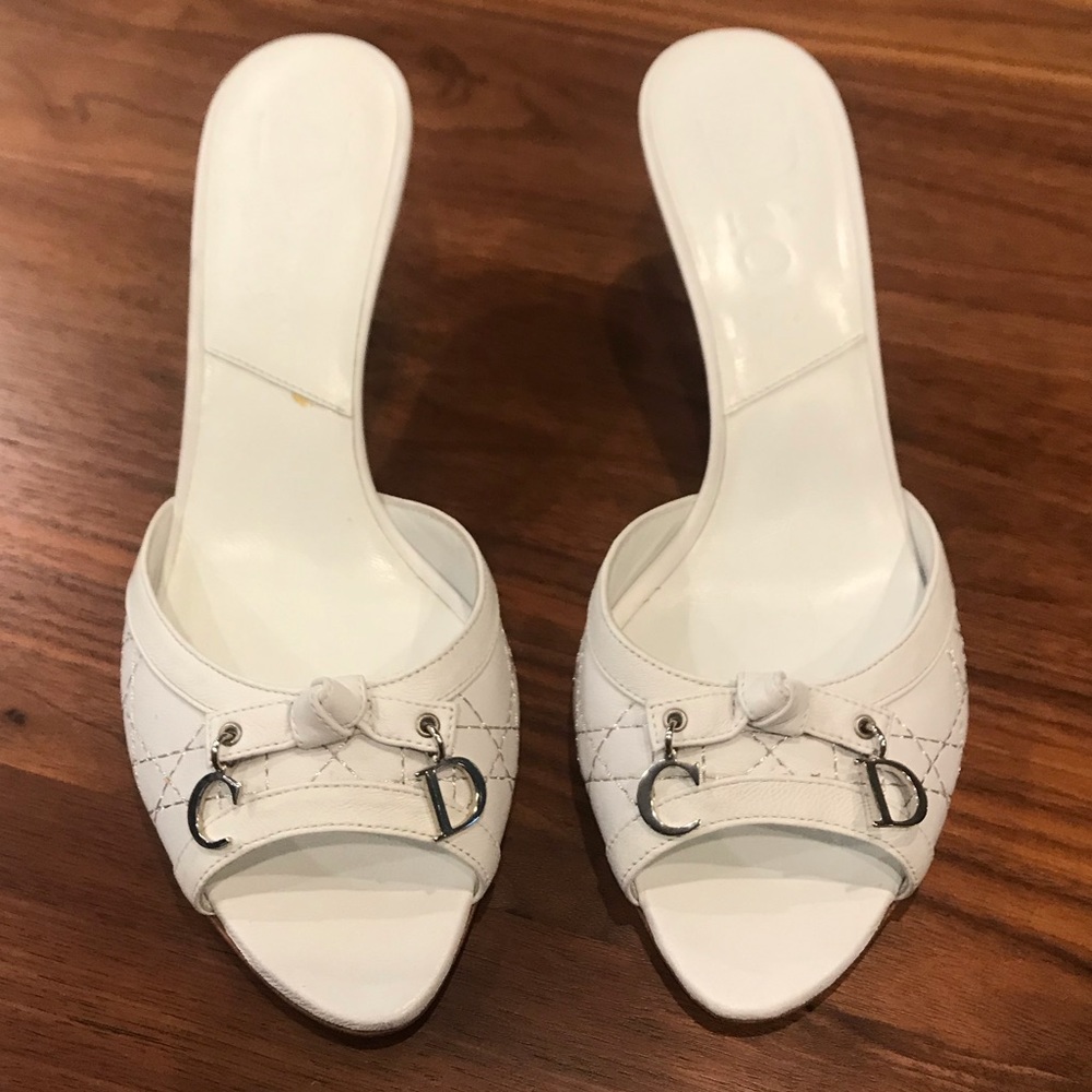 Dior White Heels with Silver Threading and Accents
